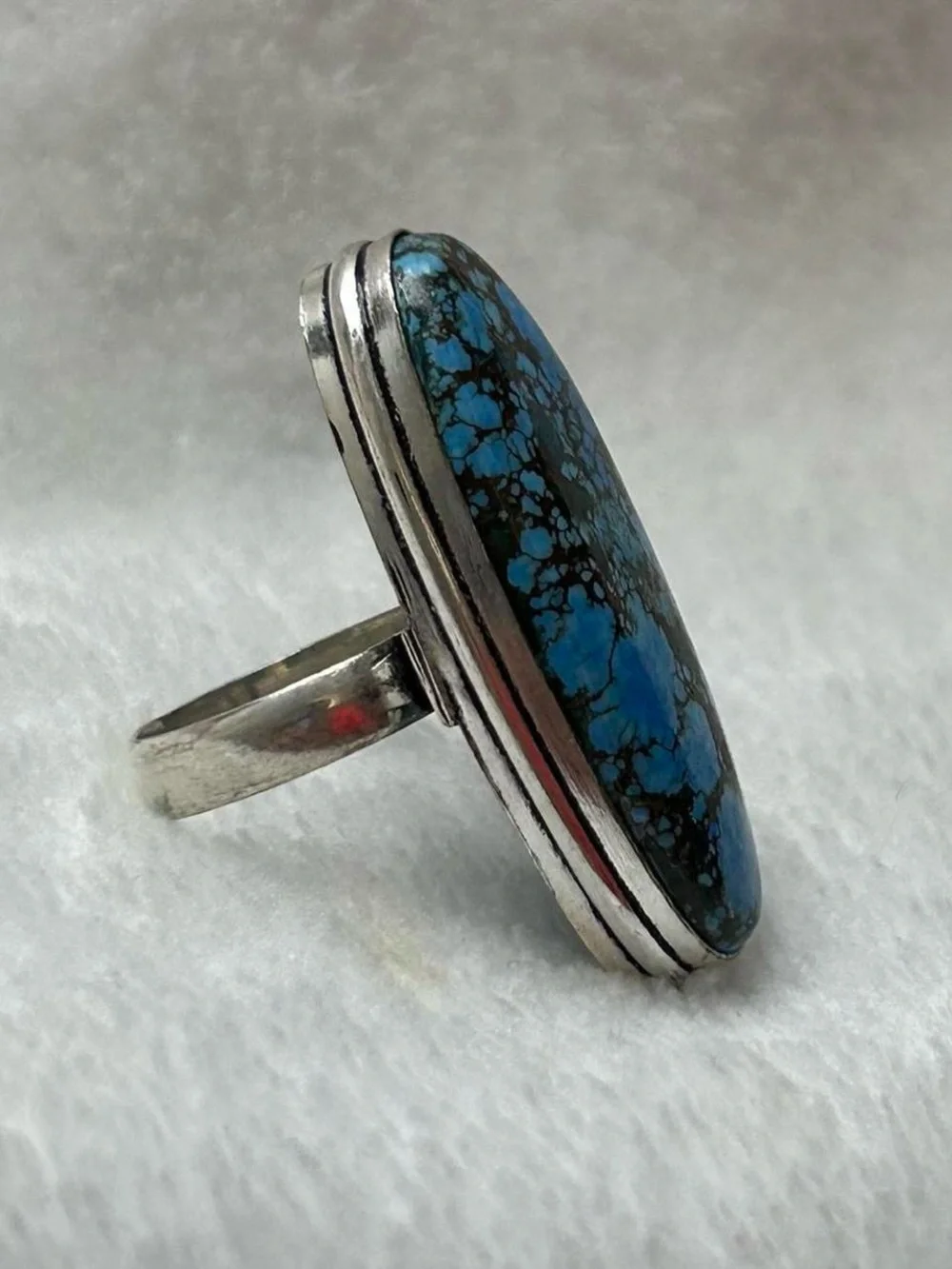 925 Silver Blue Turquoise Oval Statement Ring - Women Jewelry
